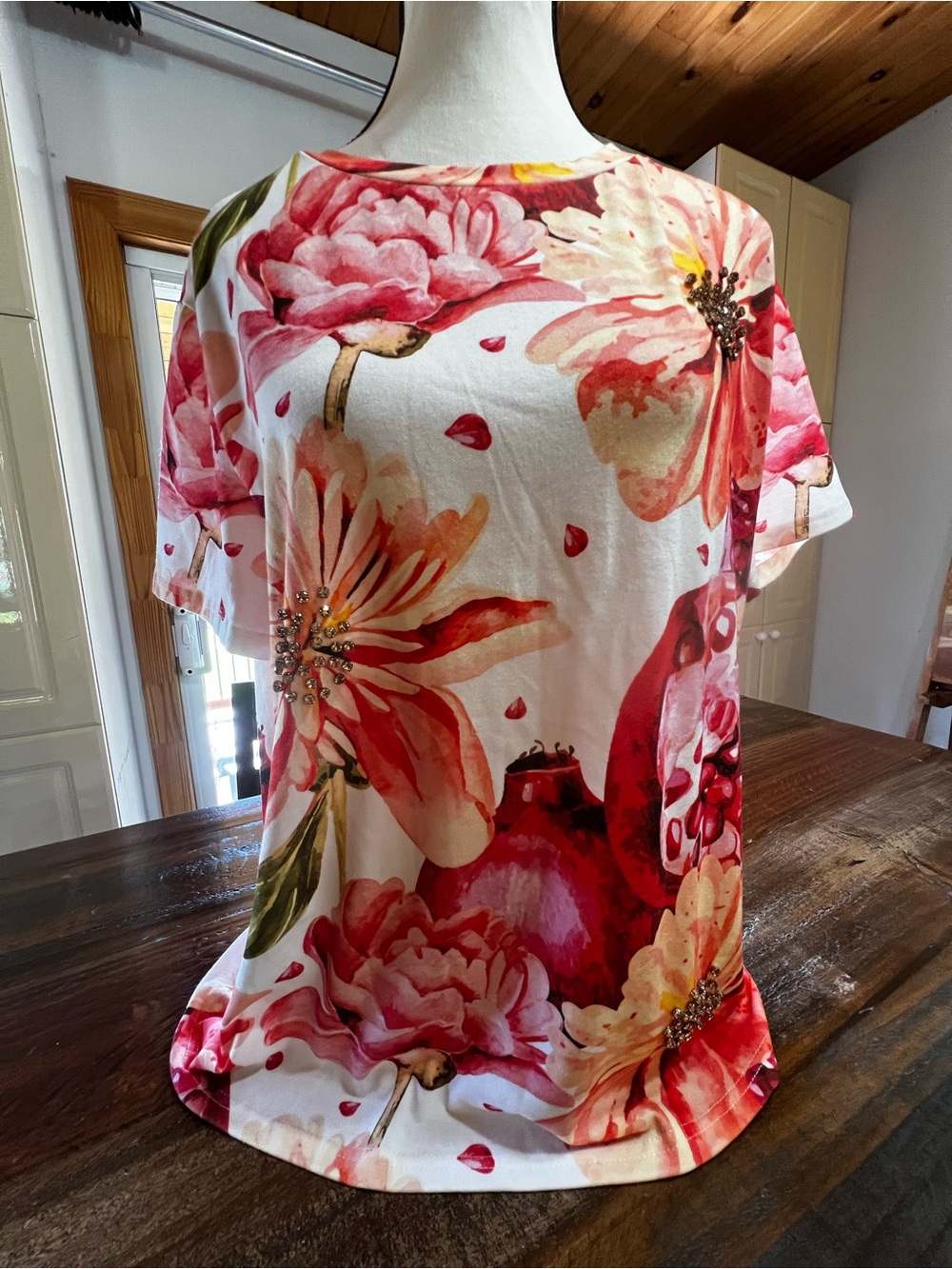 Floral Short Sleeve Women's Tee in White with Pink & Red Blooms